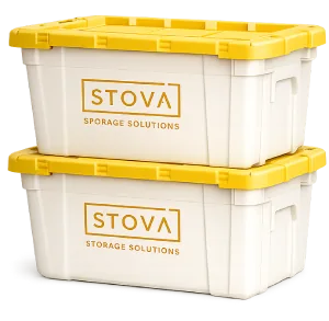 Two stacked STOVA storage totes with yellow lids.