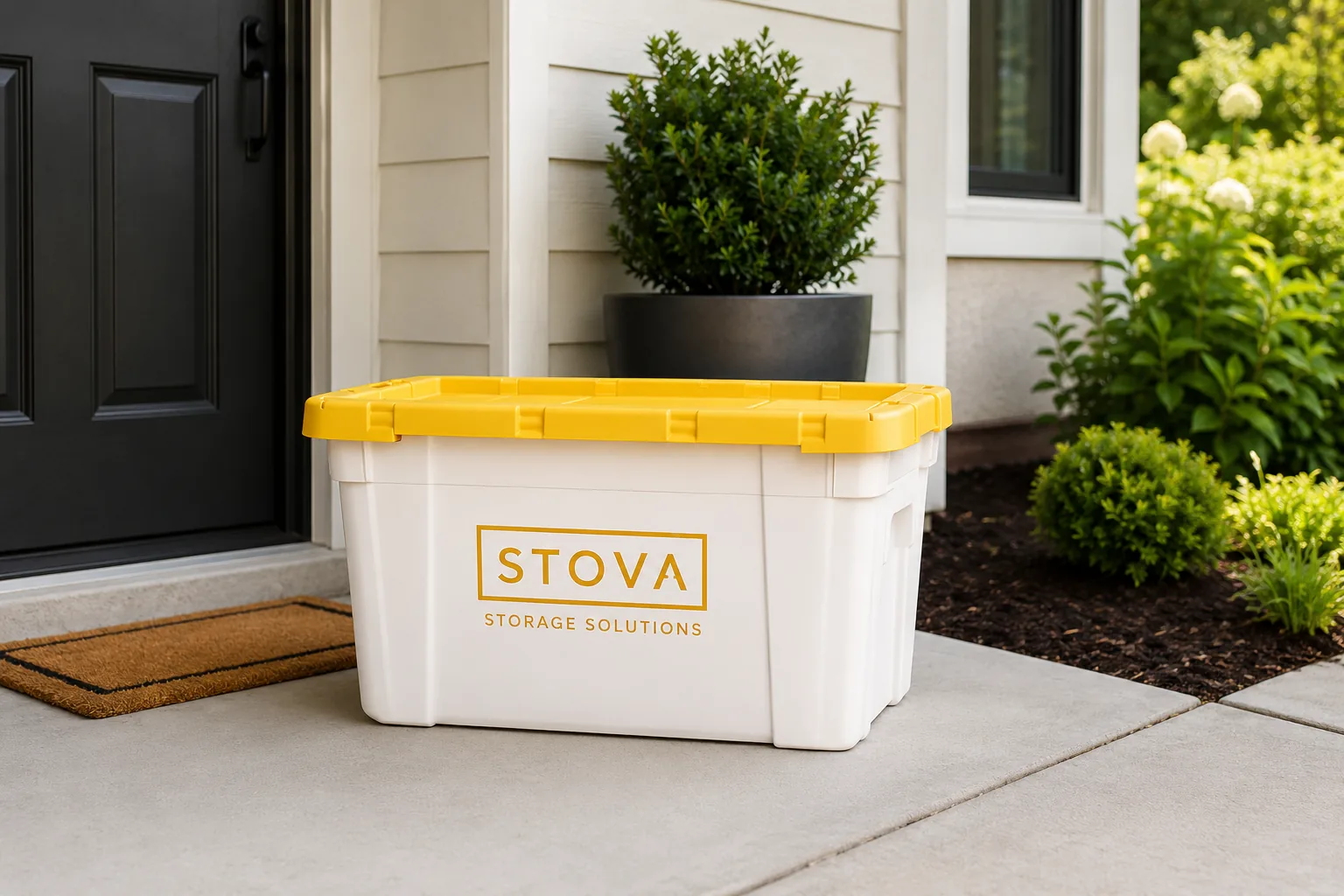 A closed STOVA storage tote with a yellow lid, ready for collection.