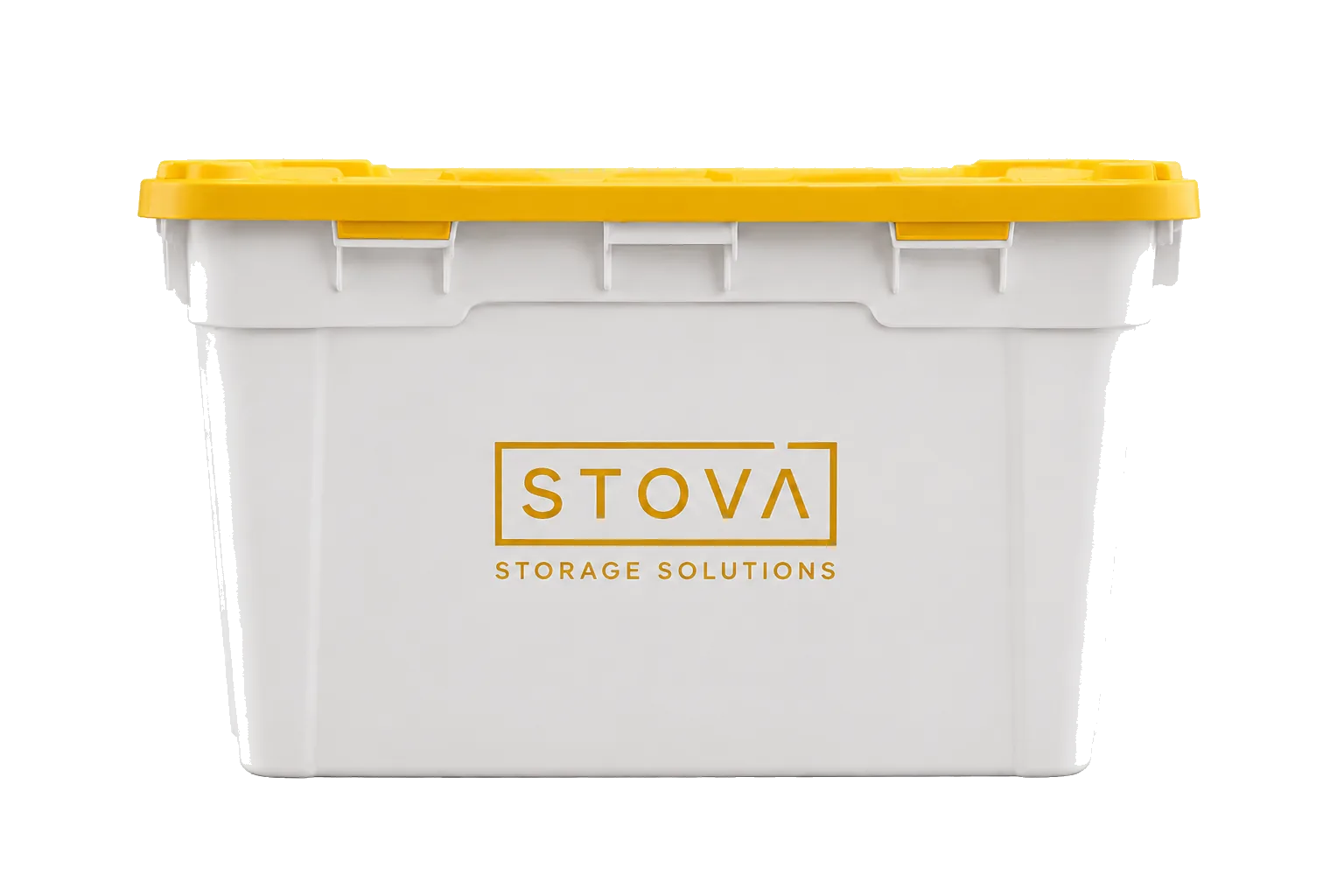 A STOVA storage tote with a yellow lid.