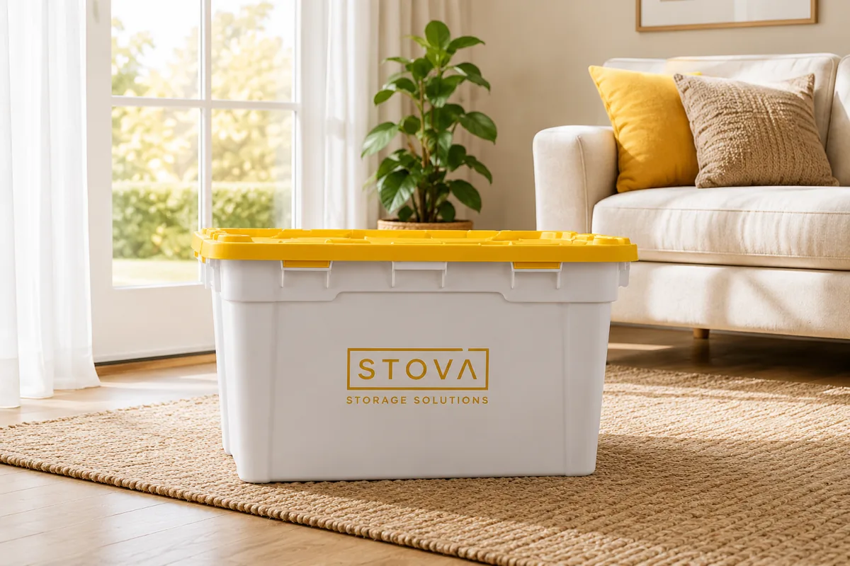 A STOVA storage tote with a yellow lid in a bright living room, part-packed.