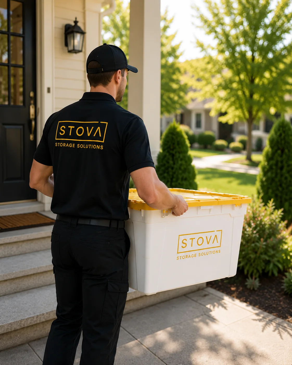 A STOVA team member carrying a white storage tote with a yellow lid.